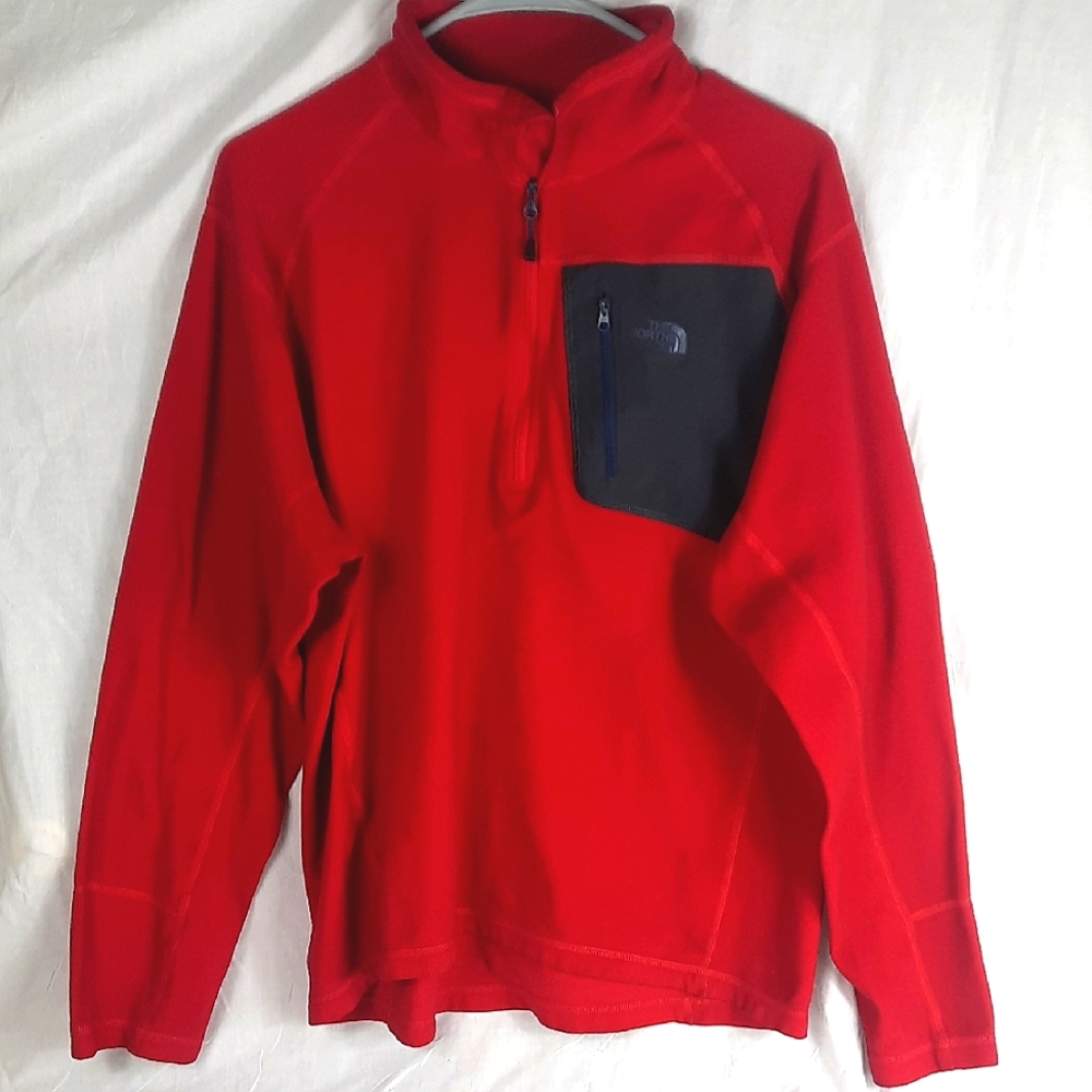 The North Face Mens Red Fleece Pullover Top Large with Black Pocket Longsleeve
